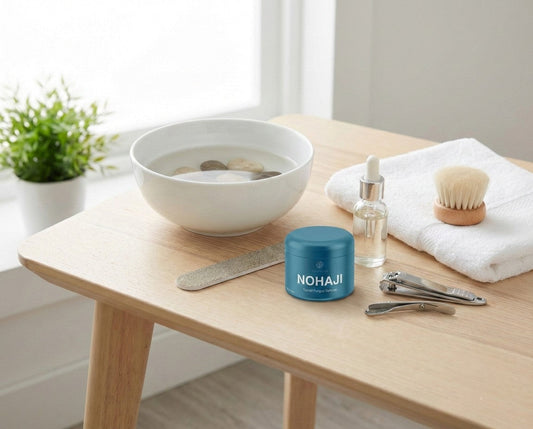  Nail prep setup on a wooden table with soaking bowl, towel, nail brush, file, clippers, cuticle oil, and The Cherry Lab’s NOHAJI powder for topical treatment.