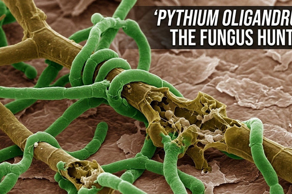 Pythium oligandrum foot fungus research: microscope view of fungal samples in a laboratory.