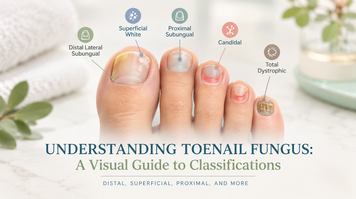 **Alt text:** Close-up of a real foot illustrating five types of toenail fungus, with labels for distal lateral subungual, superficial white, proximal subungual, candidal, and total dystrophic changes.